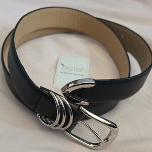 Women's Black Leather Belt with Silver Buckle By Jasgood, NWT